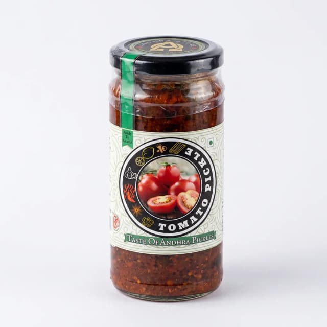 Tomato Pickle — Andhra Store sealed glass jar on white background, hygienically packed