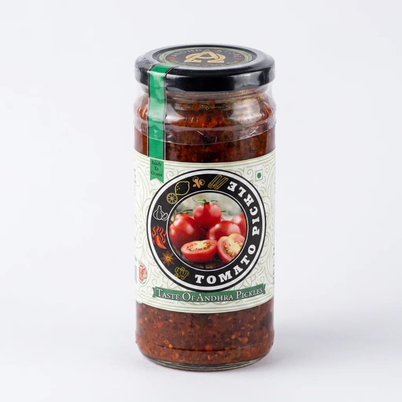 Tomato Pickle — Andhra Store sealed glass jar on white background, hygienically packed