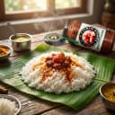 Tomato Pickle served on hot steaming rice on banana leaf — traditional Andhra style
