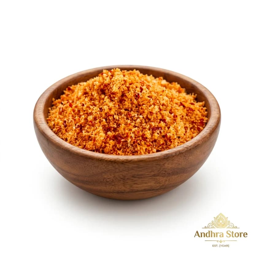 coconut podi — Andhra Store ceramic bowl on white background, product photography
