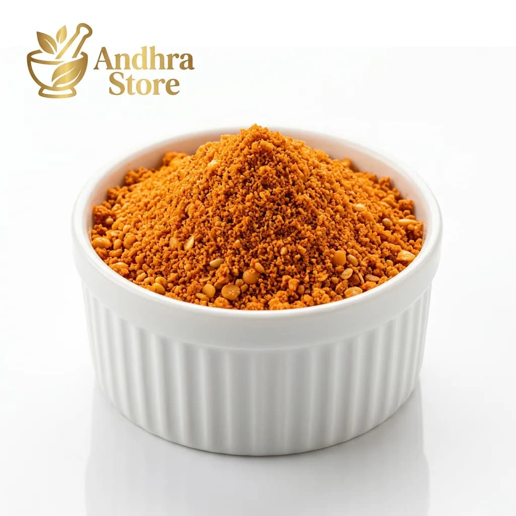 idly podi — Andhra Store ceramic bowl on white background, product photography