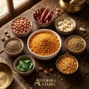 Fresh ingredients for Andhra Store peanut podi — roasted lentils, Guntur chilli and whole spices
