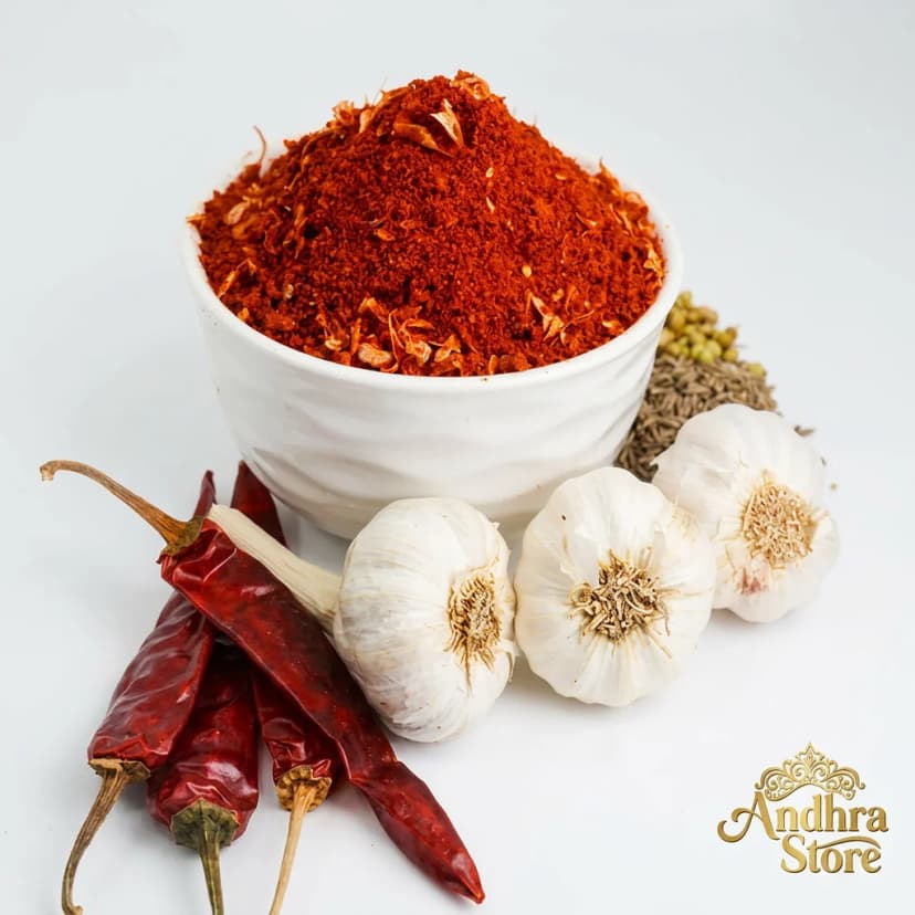 red chilli garlic podi — Andhra Store ceramic bowl on white background, product photography