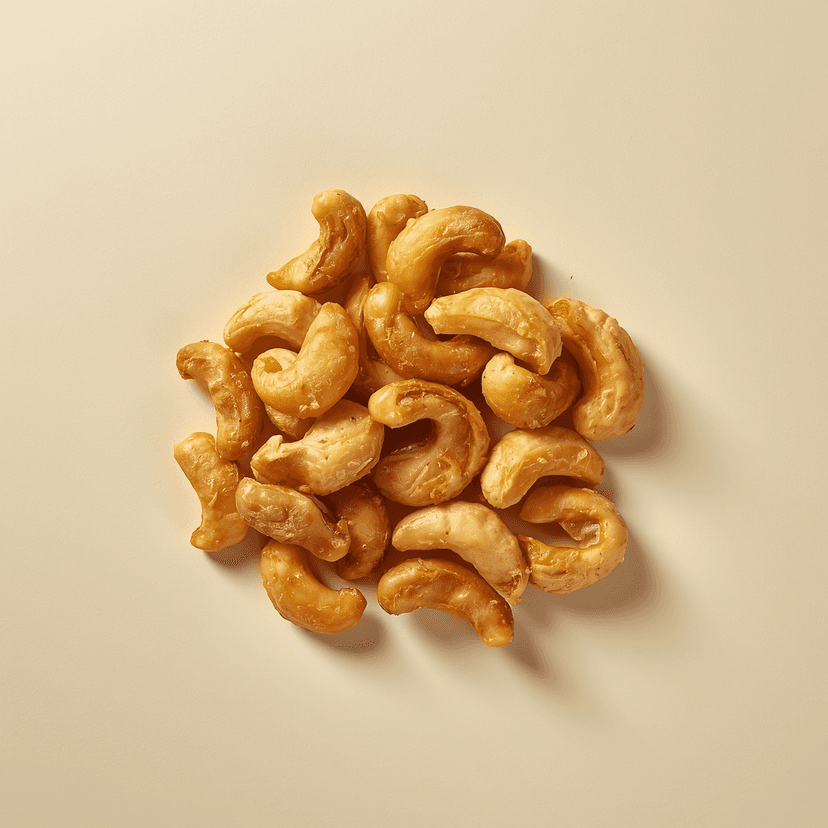 Andhra Roasted Kaju — premium roasted cashews with kaju chikki on clean beige background
