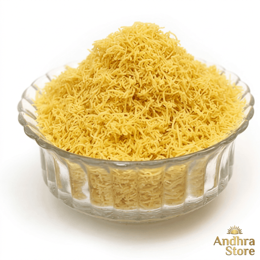 Nylon Sev — ultra-fine golden gram flour threads in a bowl