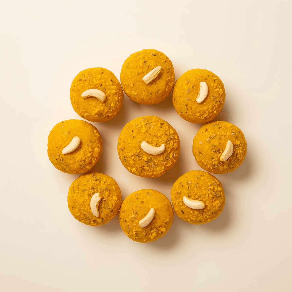 Boondi Laddu — rich saffron yellow laddus with cashew garnish on clean light background