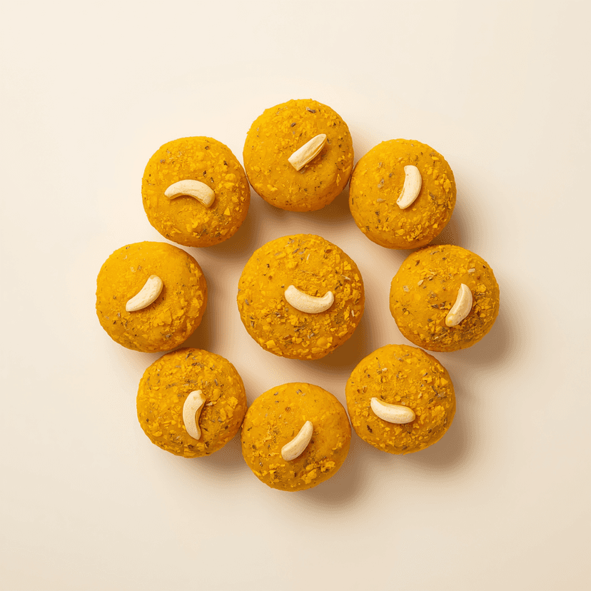 Boondi Laddu — rich saffron yellow laddus with cashew garnish on clean light background
