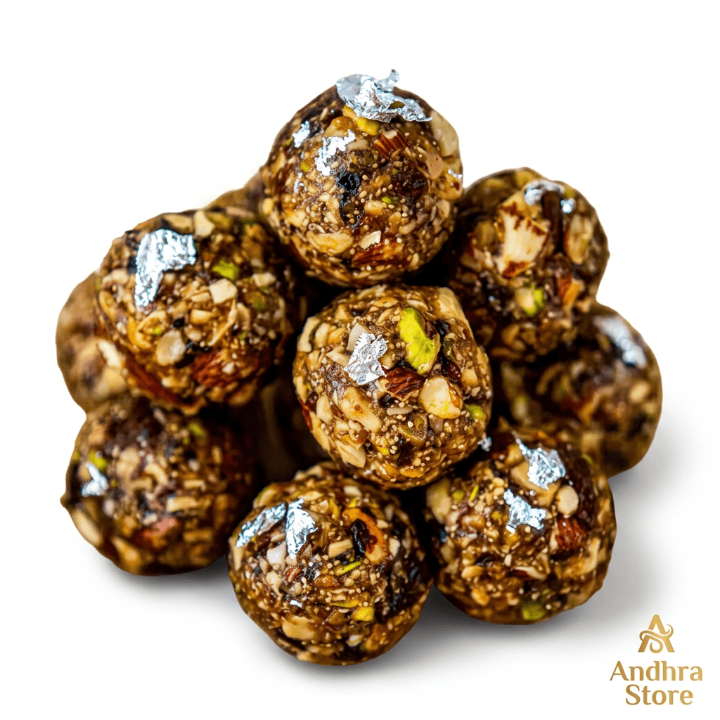 Dry Fruits Laddu — dark brown laddus packed with dates and mixed nuts