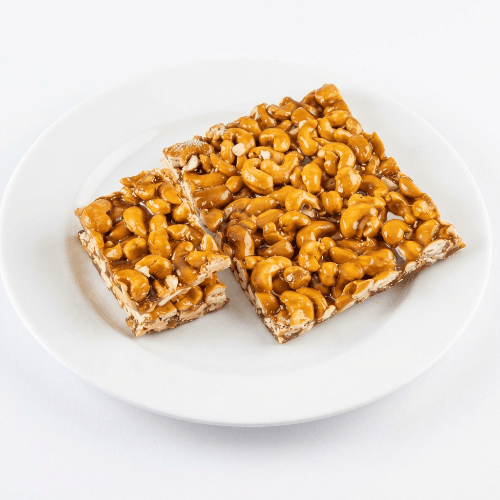 Kaju Chikki — glossy caramelized cashew brittle on white background, premium kaju chikki pieces