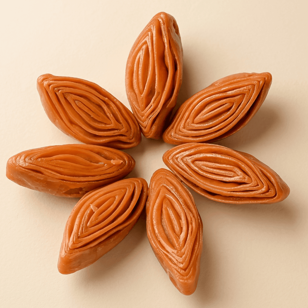 Madta Kaja — layered spiral Andhra sweet on cream background, golden brown with honeycomb interior