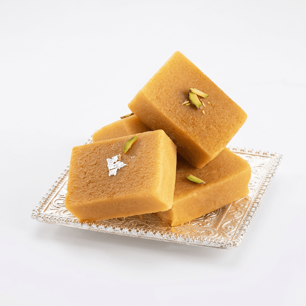 Milk Mysore Pak — soft golden gram flour ghee sweet pieces on white background, melt-in-mouth texture