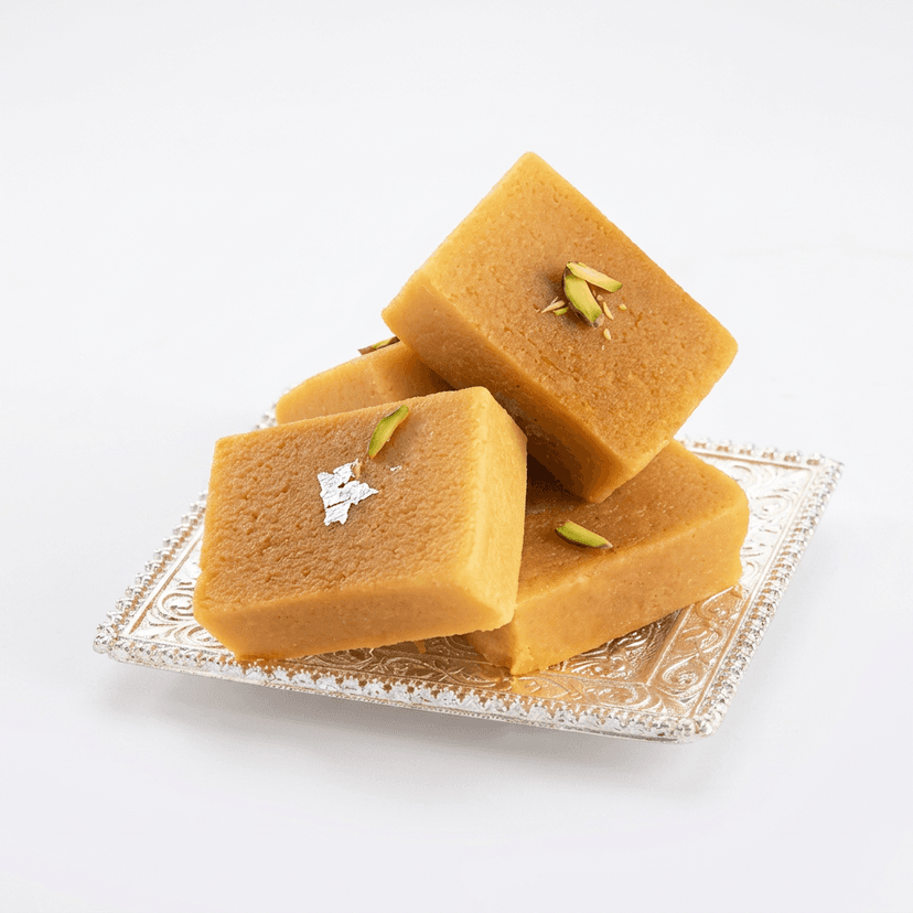 Milk Mysore Pak — soft golden gram flour ghee sweet pieces on white background, melt-in-mouth texture