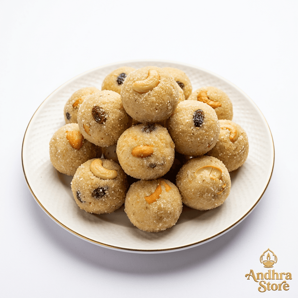 Rava Laddu — golden semolina laddus with cashew garnish, warm ghee aroma