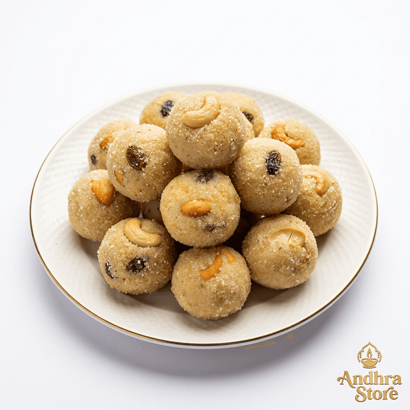 Rava Laddu — golden semolina laddus with cashew garnish, warm ghee aroma