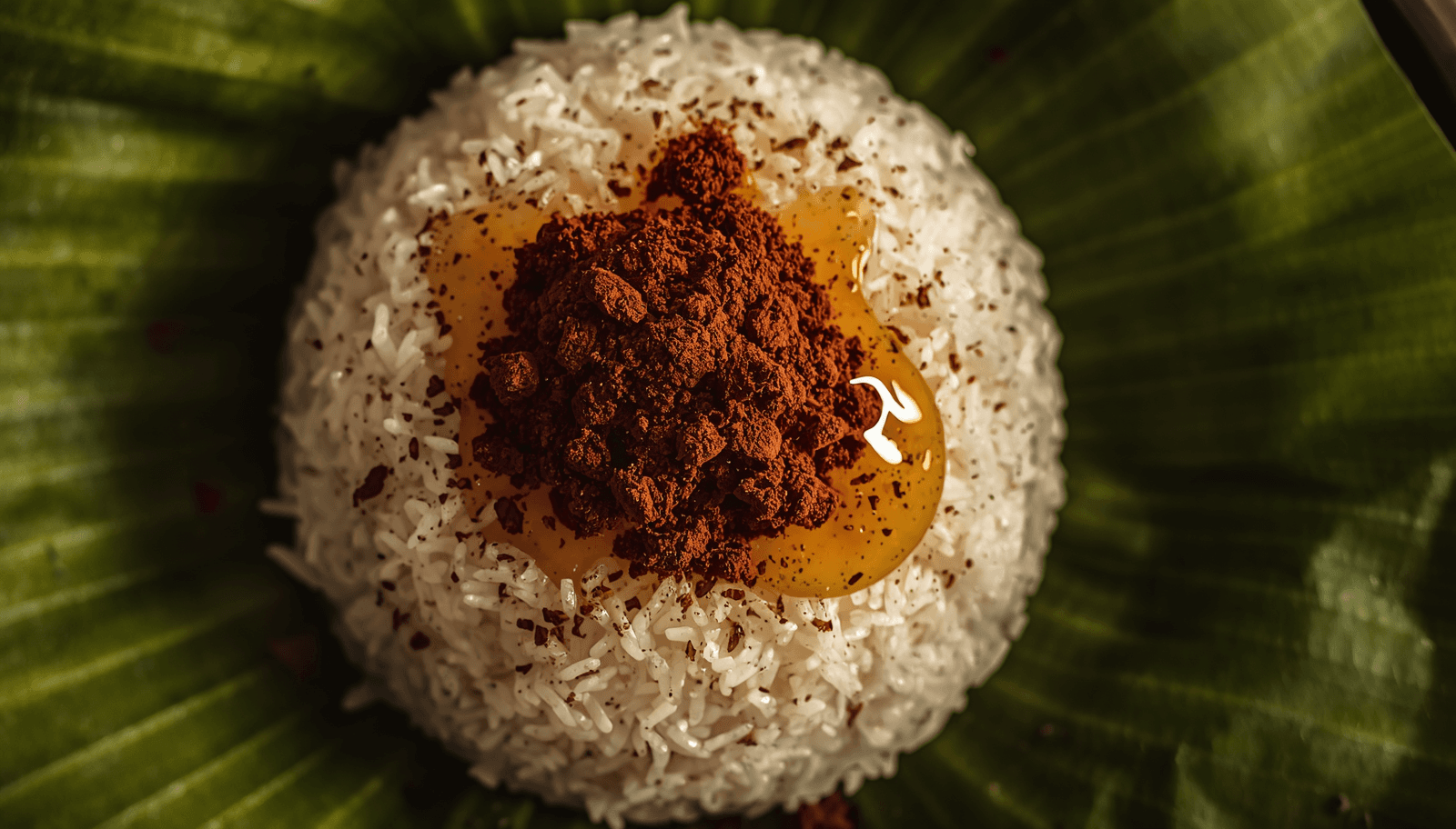 Andhra podi sprinkled on hot steamed rice with a pool of golden ghee melting in