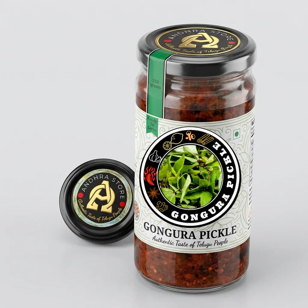 Gongura Pickle — Andhra Store sealed glass jar on white background, hygienically packed