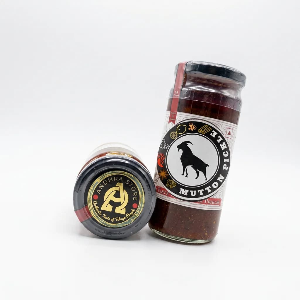 Mutton Pickle — Andhra Store sealed glass jar on white background, hygienically packed