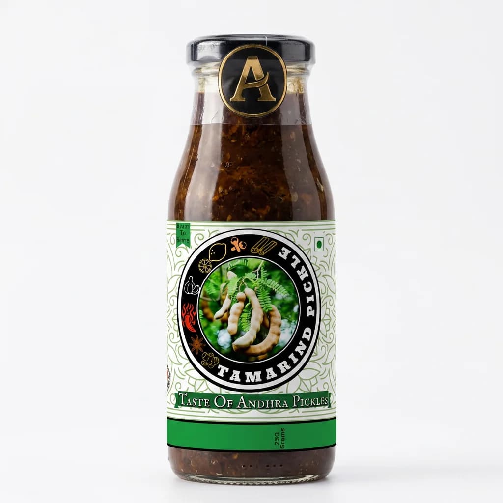 Tamarind Pickle — Andhra Store sealed glass jar on white background, hygienically packed